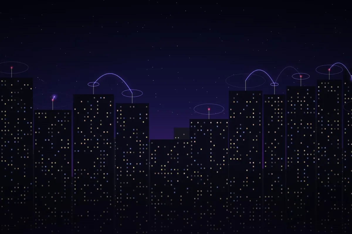 City skyline at dusk with signals between towers